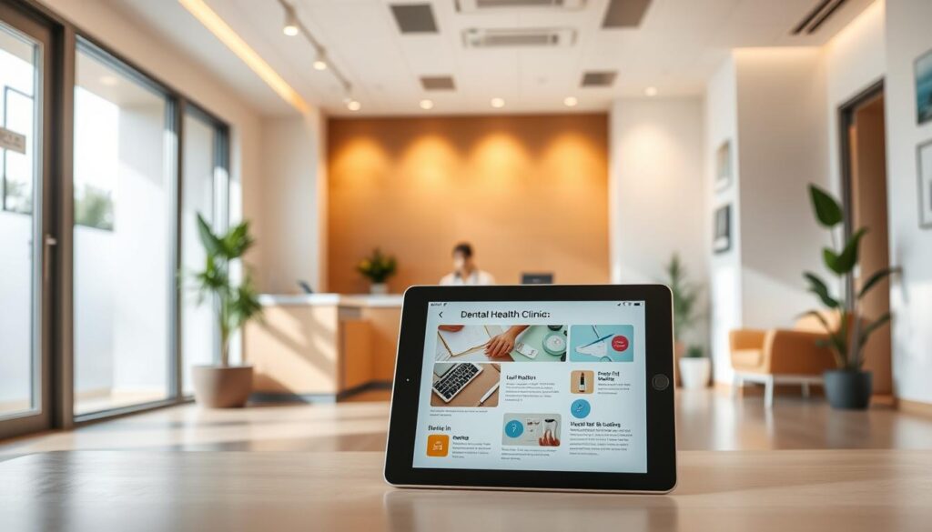 A modern, minimalist dental clinic interior with clean lines, natural lighting, and a focus on patient well-being. In the foreground, a tablet displaying informative and visually appealing dental health content, surrounded by warm, earthy tones and simple, tasteful decor. The middle ground features a reception desk with a friendly staff member, while the background showcases a soothing waiting area with comfortable seating and potted plants, creating a calming atmosphere for patients. Soft, directional lighting illuminates the scene, emphasizing the clinic's professionalism and attention to detail. The overall mood evokes a sense of trust, care, and a commitment to providing valuable dental content to patients.