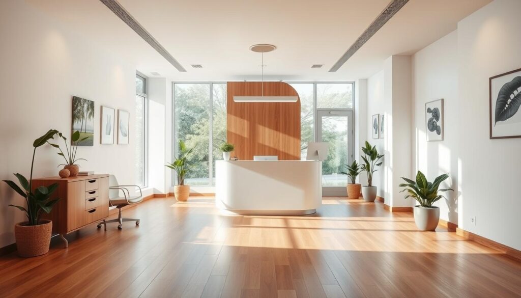 A modern, minimalist dental clinic interior with clean lines, soft lighting, and a welcoming atmosphere. Hardwood floors, light-colored walls, and tasteful decor elements like potted plants. In the middle ground, a reception desk with a sleek, simple design. The background features large windows allowing natural light to flood the space, creating a bright, airy ambiance. The overall feel is professional yet inviting, reflecting the high-quality care and attention to detail expected from a top-notch dental practice.