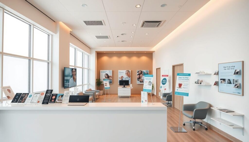 A modern, minimalist dental clinic interior with clean lines, warm lighting, and a soothing color palette. In the foreground, a reception desk with a sleek, minimalist design, behind which various marketing materials such as brochures and digital displays are prominently displayed. In the middle ground, a waiting area with comfortable seating and strategic placement of informative posters highlighting the clinic's services and specialties. The background features an open, airy layout with large windows allowing natural light to flood the space, creating a calming, professional atmosphere. The overall composition emphasizes the clinic's attention to detail, commitment to patient experience, and effective marketing strategies.
