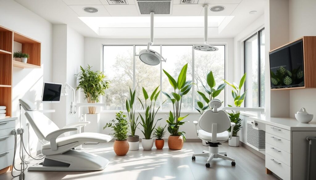 A modern, minimalist dental clinic interior with natural lighting and sustainable design elements. The foreground features sleek, ergonomic dental chairs and equipment in a clean, white color palette. The middle ground showcases strategically placed potted plants and natural wood accents, creating a calming, eco-friendly atmosphere. The background depicts large windows allowing abundant daylight to flow in, complemented by energy-efficient lighting fixtures. The overall scene conveys a sense of professionalism, environmental consciousness, and patient-centric care, reflecting the principles of sustainable clinical management in the dental industry.