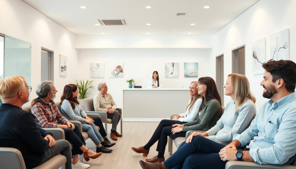 A modern, minimalist dental clinic interior. In the foreground, a group of diverse patients - young and old, male and female - sitting comfortably in the waiting area, engaged in conversation. The middle ground shows a receptionist's desk with a friendly, welcoming staff member. The background features clean, bright walls, muted colors, and subtle healthcare-themed artwork, creating a calming, professional atmosphere. Soft, diffused lighting illuminates the space, highlighting the clinic's attention to detail and patient comfort. The overall scene conveys a sense of trust, approachability, and a tailored experience for the clinic's target audience.
