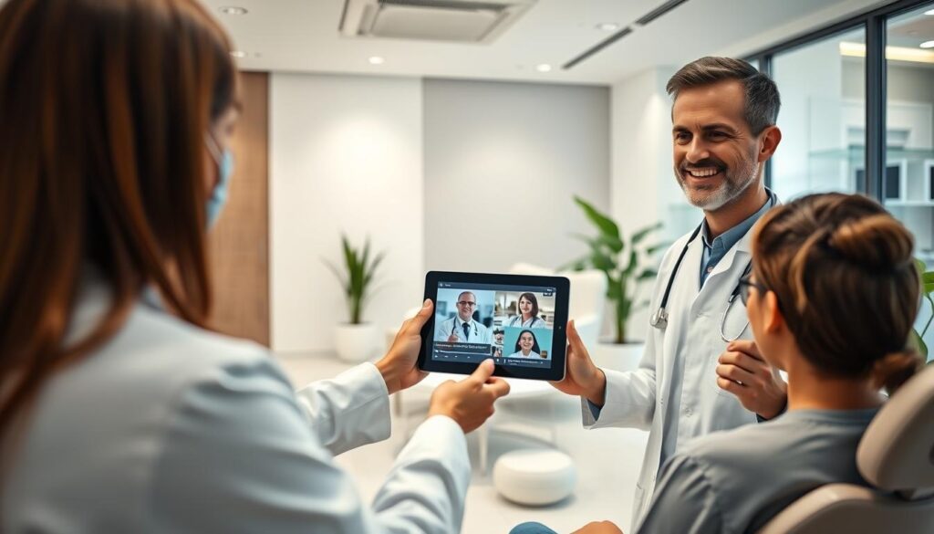 A modern, minimalist dental clinic setting. In the foreground, a dentist enthusiastically presents a tablet to a patient, showcasing engaging dental care videos. The middle ground features a clean, well-lit reception area with sleek furniture and plants, reflecting a welcoming atmosphere. The background depicts the clinic's exterior, with large windows and a subtle, professional branding. The scene conveys a sense of professionalism, patient-centric care, and the effective use of digital media to educate and inform patients without compromising ethical standards.