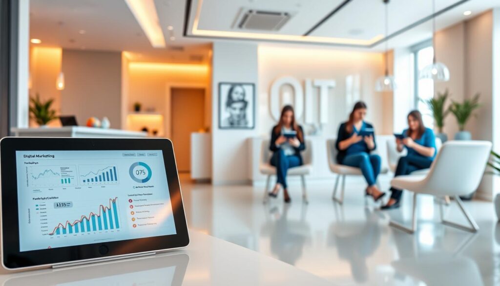 A modern, minimalist dental clinic with a sleek, digital-forward aesthetic. In the foreground, a tablet or laptop displays analytics and digital marketing strategies. In the middle ground, a team of dental professionals collaborates, using tablets and laptops to discuss online patient engagement. In the background, a clean, contemporary lobby with patients waiting, immersed in their digital devices. Warm, directional lighting highlights the clinical yet approachable atmosphere. The overall scene conveys the importance of digital marketing for the success of a modern dental practice.