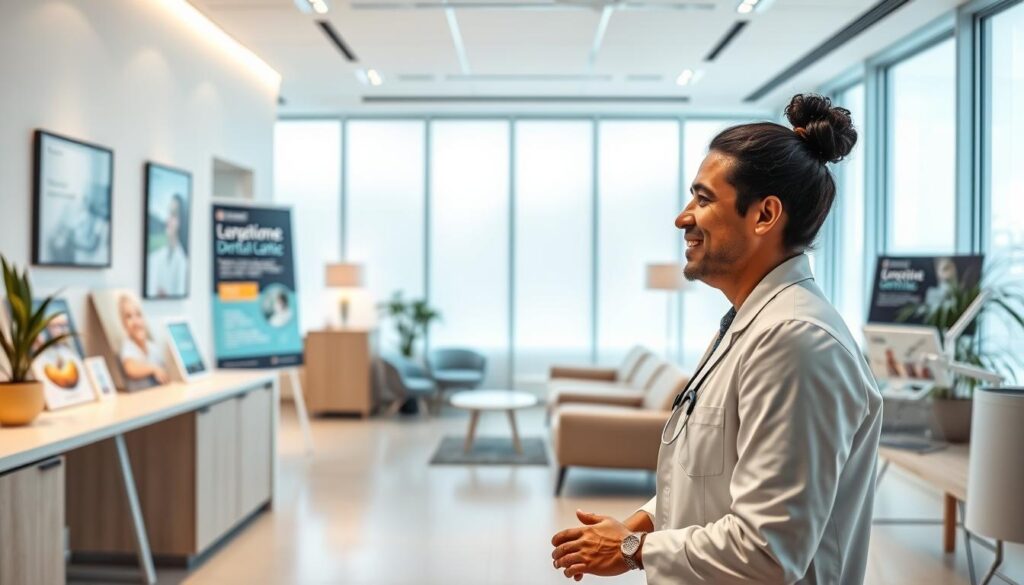 A modern, minimalist dental clinic with clean lines and a welcoming atmosphere. In the foreground, a dentist greets a patient with a warm smile, their body language conveying empathy and professionalism. The middle ground showcases various marketing materials, such as brochures and posters, highlighting the clinic's services and expertise. The background features a serene, well-lit waiting area with comfortable seating and subtle branding elements. Soft, natural lighting from large windows illuminates the scene, creating a calming and inviting environment that reflects the clinic's commitment to patient care and satisfaction.