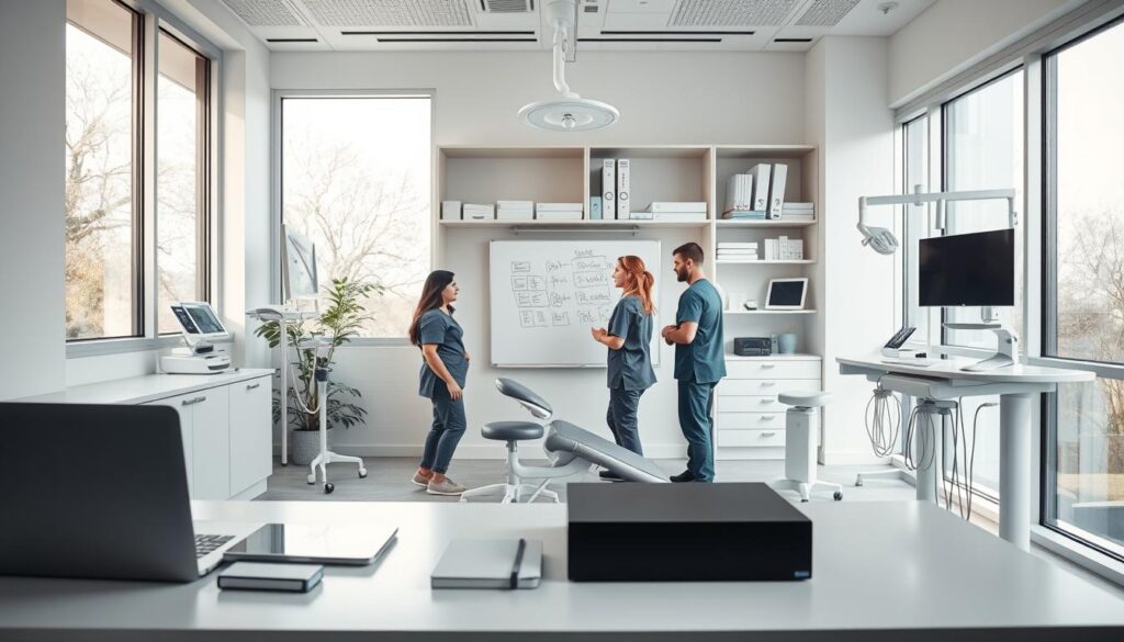 A modern, minimalist dental office interior, flooded with natural light from large windows. In the foreground, a desk with a laptop, tablet, and efficient organization system. At the center, a team of dental professionals in scrubs discussing strategies on a whiteboard. In the background, shelves with dental tools and supplies, complemented by sleek medical equipment. The space exudes a sense of professionalism, attention to detail, and a commitment to effective practice management.