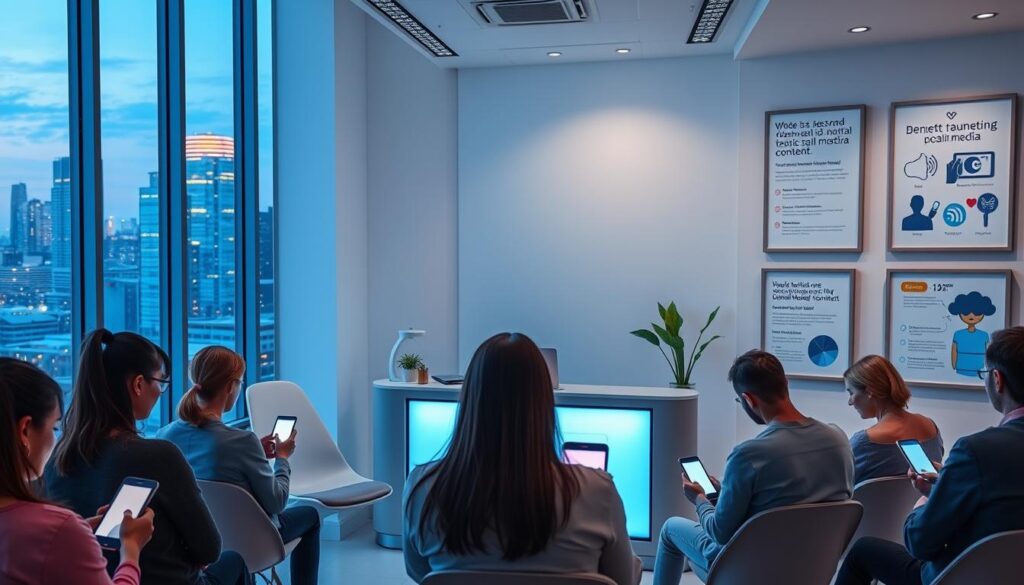 A modern, minimalist dental office interior, with a large window overlooking a vibrant city skyline. In the foreground, several patients engaged in social media interactions on their smartphones and tablets, their faces illuminated by the warm glow of the screens. The middle ground features a reception desk with a sleek, digital display showcasing the clinic's social media profiles and recent posts. In the background, the office walls are adorned with framed images and infographics highlighting the benefits of dental health-focused social media content. The overall scene conveys a sense of technological integration, patient engagement, and a forward-thinking approach to dental practice marketing.