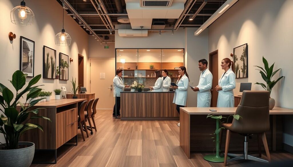 A modern, minimalist dental office interior with a reception area featuring a sleek wooden desk and chairs, mid-century inspired lighting fixtures, and plants for a natural touch. In the background, a collaborative workspace with dentists and staff discussing marketing strategies, their smiles bright and engaged. The scene is bathed in warm, directional lighting, creating a welcoming, professional atmosphere. The overall mood is one of efficiency, cooperation, and a commitment to high-quality dental care.