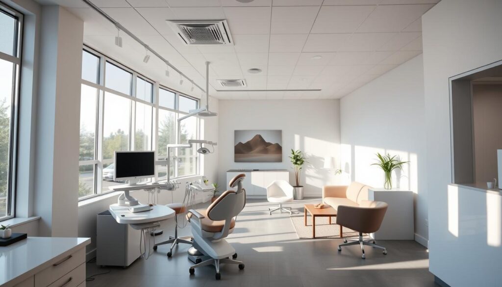 A modern, minimalist dental office interior with abundant natural light streaming through large windows. The foreground features a professional-looking dentist's station with sleek medical equipment, a comfortable dental chair, and a clean, organized work surface. In the middle ground, a patient consultation area with contemporary furniture and soothing, calming decor creates an inviting atmosphere. The background showcases an open, airy reception area with a minimalist aesthetic, promoting a sense of tranquility and professionalism. The lighting is soft and diffused, emphasizing the clean, hygienic environment. The overall mood is one of trust, expertise, and patient-centric care.