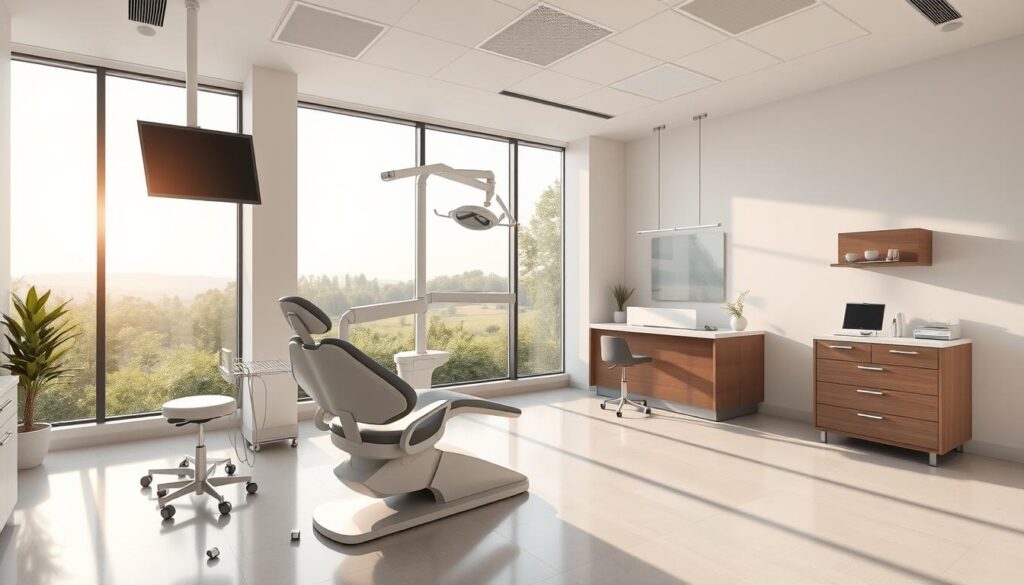 A modern, minimalist dental office interior with clean lines, neutral colors, and natural lighting. In the foreground, a stylized dental chair and equipment stand out against a mid-ground featuring a reception desk and waiting area with contemporary furnishings. The background showcases large windows overlooking a lush, serene outdoor landscape, bathing the space in a warm, calming glow. The scene conveys professionalism, comfort, and a focus on patient well-being, reflecting the core strategies for an effective dental practice marketing approach.