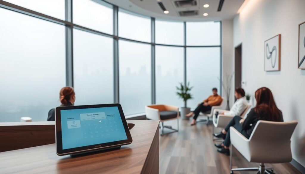 A modern, minimalist dental office reception area, featuring a large, frosted glass window overlooking a city skyline. In the foreground, a sleek, wooden reception desk with a touchscreen tablet for online appointment scheduling. Patients sit comfortably on modern, ergonomic chairs, waiting to be called. The lighting is soft and indirect, creating a calming atmosphere. The walls are adorned with simple, abstract art pieces, complementing the clean, contemporary design. The overall scene conveys an efficient, technology-driven dental practice dedicated to providing a pleasant, stress-free experience for its patients.