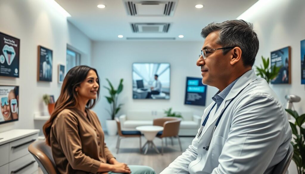 A modern, minimalist dental office with a sleek, professional design. In the foreground, a dentist consults with a patient, their expressions serene and attentive. The middle ground showcases various marketing materials, including brochures, posters, and digital displays highlighting the practice's services and expertise. The background features a clean, well-lit waiting area with comfortable seating and greenery, creating a calming atmosphere. Soft, directional lighting accentuates the space, and the camera angle provides a balanced, symmetrical composition. The overall scene conveys a sense of expertise, trust, and attention to detail that would appeal to potential dental patients.