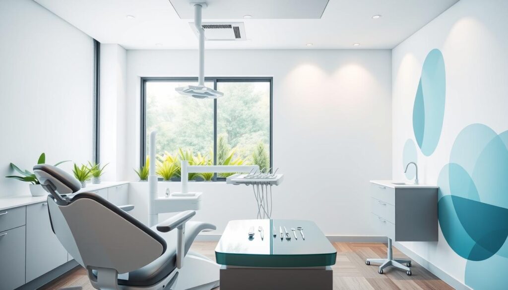 A modern, minimalist dental office with clean lines and geometric shapes. In the foreground, a geometric dental chair and sleek dental tools arranged neatly on a glass-topped counter. The middle ground features a large window overlooking a vibrant, lush garden, allowing natural light to flood the space. The background showcases a wall adorned with a minimalist, abstract mural in soothing shades of blue and green, creating a calming, professional atmosphere. The lighting is soft and diffused, accentuating the modern, sophisticated design. The overall aesthetic conveys a sense of strategic planning, efficiency, and attention to detail for an optimal dental experience.