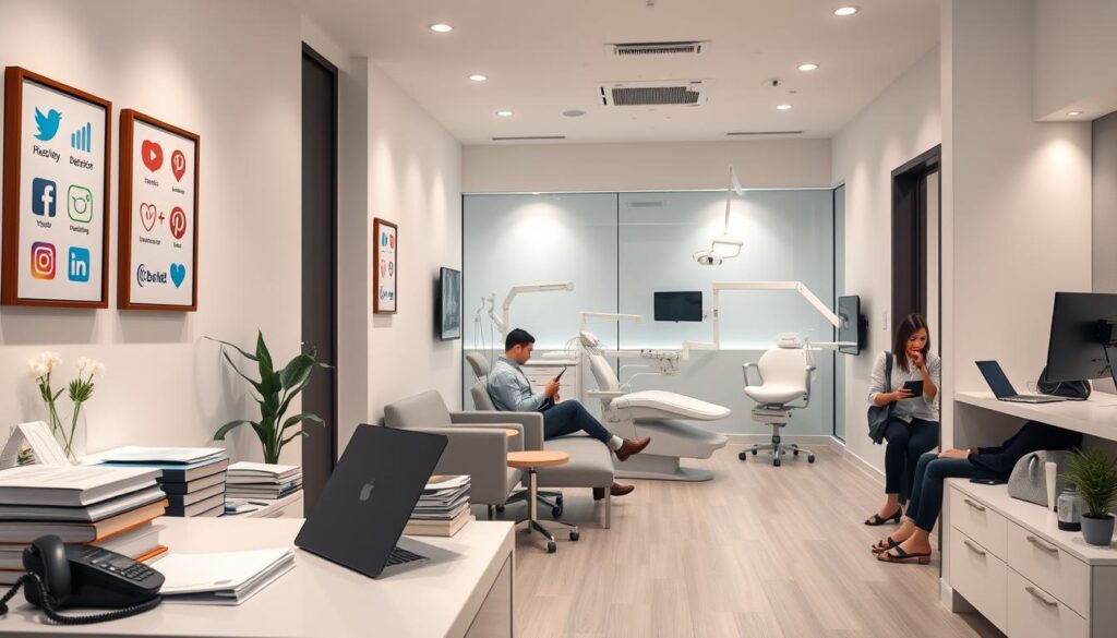 A modern, minimalist dental office with sleek, contemporary furniture and equipment. In the foreground, a doctor's desk with a laptop, phone, and stacks of patient files. On the walls, framed social media icons and logos, representing the dental practice's online presence. The middle ground features patients in the waiting area, using their smartphones and tablets, interacting with the practice's social media channels. The background showcases the dental treatment rooms, with state-of-the-art equipment and a calming, sterile atmosphere. Soft, diffused lighting illuminates the scene, creating a professional and inviting ambiance. The overall composition conveys the integration of digital marketing and social media into the modern dental practice.