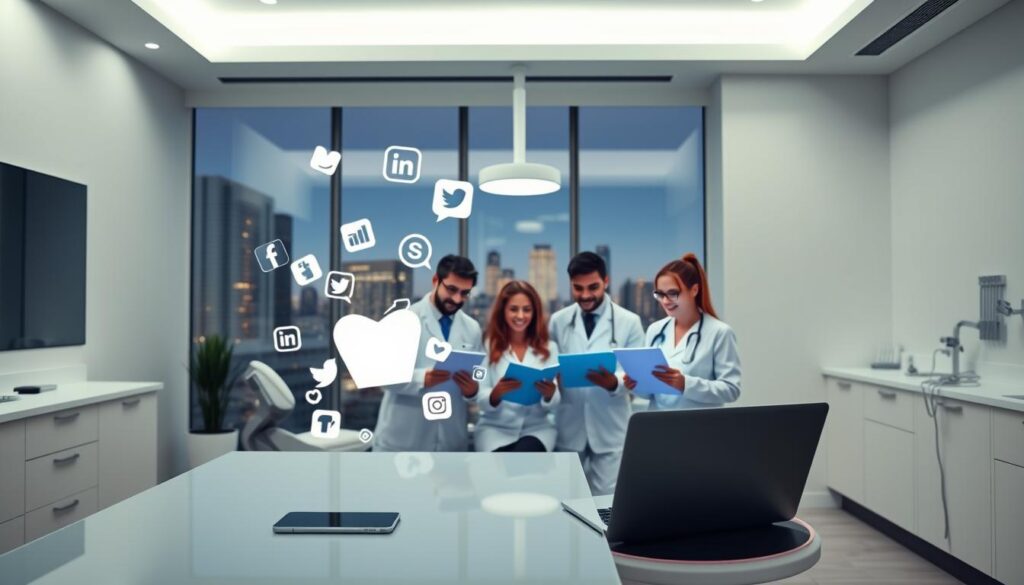 A modern, minimalist dental office with sleek white walls and a large window overlooking a city skyline. In the foreground, a dentist's desk with a laptop, smartphone, and various social media icons floating above it, representing the digital tools of the trade. In the middle ground, a group of dentists and dental assistants enthusiastically collaborating on a social media marketing strategy, their faces lit by the warm glow of computer screens. In the background, the silhouettes of dental instruments and equipment, hinting at the medical expertise that underpins their digital endeavors. The overall scene conveys a sense of technological savvy, professional camaraderie, and a commitment to connecting with patients through cutting-edge social media platforms.