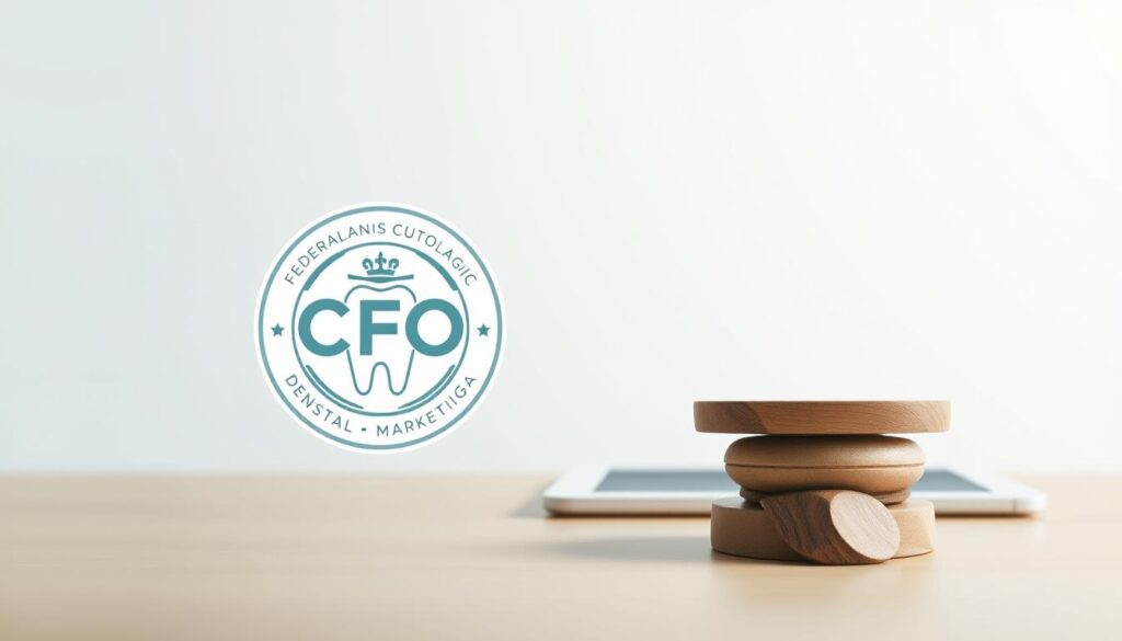 A modern, minimalist digital illustration depicting the regulatory framework for dental marketing in Brazil. In the foreground, a stylized CFO (Conselho Federal de Odontologia) insignia is prominently displayed, representing the governing body overseeing ethical dental practices. The middle ground features a laptop or tablet, symbolizing the digital landscape of modern dental marketing. The background showcases a clean, minimalist design with soft, muted colors, exuding a professional and authoritative atmosphere. The overall composition conveys a sense of balance, legality, and the importance of adherence to ethical guidelines in the digital marketing of dental services.