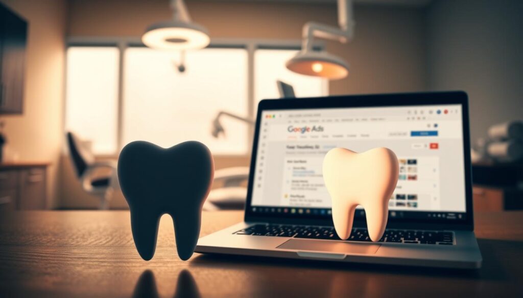 A modern, minimalist digital marketing advertisement for dental services. In the foreground, a stylized tooth icon with a clean, sleek design. The middle ground features a laptop screen displaying Google Ads interface, with carefully curated keywords and targeting options. The background depicts a professional, well-lit office setting with dental equipment, conveying a sense of medical expertise and authority. Warm lighting, muted color palette, and subtle gradients create a sophisticated, trustworthy atmosphere. The overall composition emphasizes the power of digital advertising to reach and engage the target audience of dental patients.