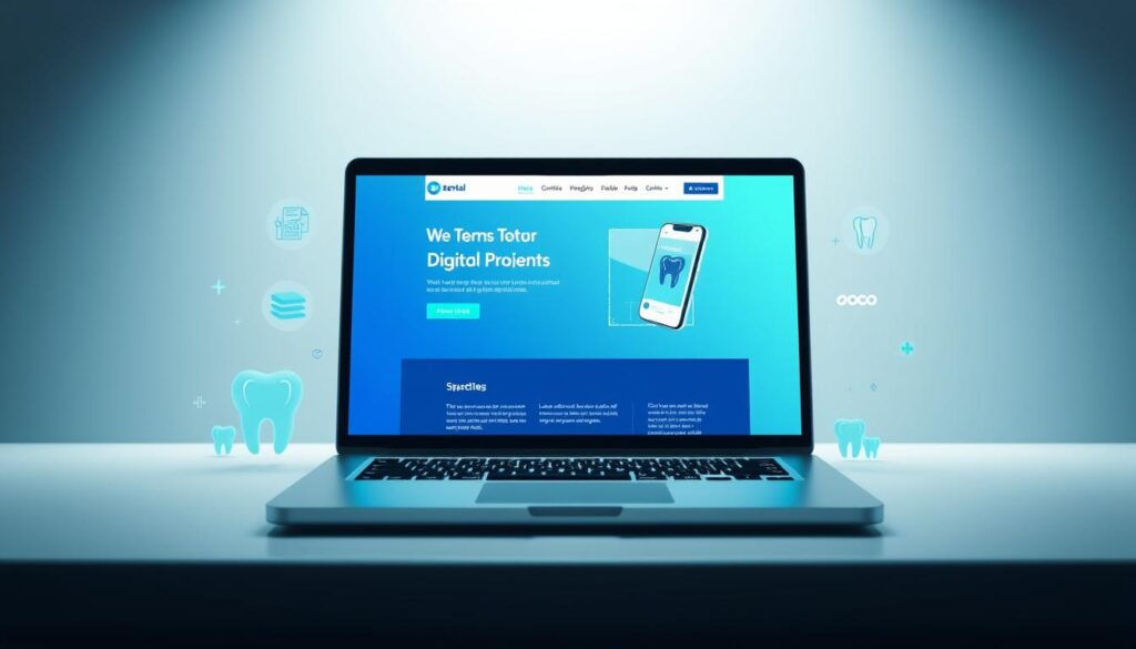 A modern, minimalist digital marketing design for dentists, featuring a laptop computer displaying a dental clinic website, flanked by dental icons, tooth symbols, and a vibrant color palette of blues and greens. The foreground showcases a clean, professional layout with a focus on user experience and online patient engagement. The middle ground includes subtle geometric shapes and patterns, evoking a sense of technology and innovation. The background is a soft, blurred gradient, creating depth and drawing the viewer's attention to the central digital marketing elements. Lighting is soft and diffused, with a slight vignette effect to enhance the sleek, contemporary aesthetic. The overall mood is one of efficiency, accessibility, and the seamless integration of dental practice and digital marketing.