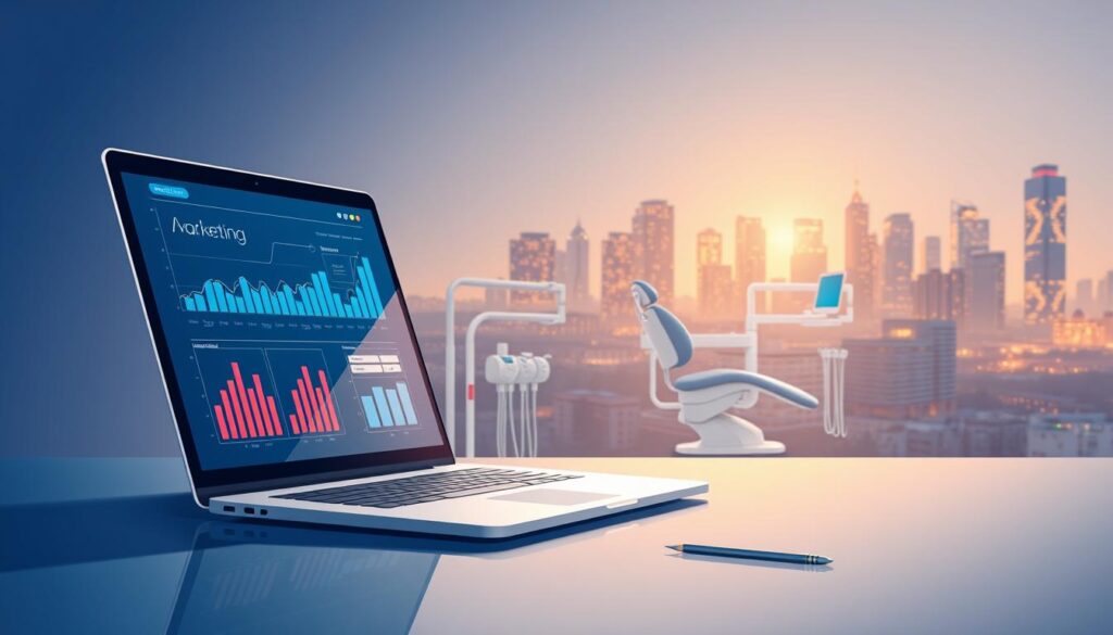 A modern, minimalist digital marketing illustration for dentists. In the foreground, a sleek laptop screen displays analysis charts, graphs, and digital marketing metrics. In the middle ground, a dentist's chair and tools symbolize the medical field. The background features a cityscape with skyscrapers, representing the digital landscape. The scene is bathed in a warm, inviting glow, suggesting the benefits and opportunities of digital marketing for dental practices. The composition is balanced, with clean lines and a sophisticated color palette of blues, grays, and golds. The overall mood is professional, informative, and inspirational.