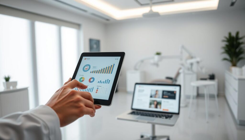 A modern, minimalist digital marketing scene for a dental clinic. In the foreground, a doctor's hand holding a tablet displaying analytics and social media icons. In the middle ground, a laptop with a website layout and digital marketing tools. In the background, a clean, bright clinic interior with medical equipment and decor. Soft, natural lighting illuminates the scene, conveying a professional, trustworthy atmosphere. The overall composition emphasizes the integration of digital marketing strategies into dental practice management.