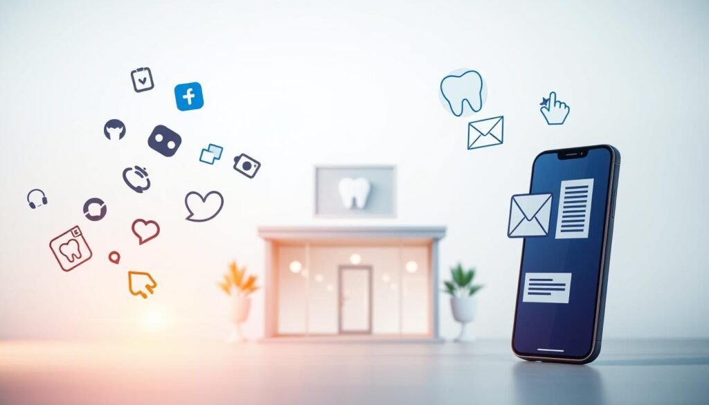 A modern, minimalist digital marketing strategy for a dental clinic, set against a clean, bright backdrop. In the foreground, various digital marketing icons and symbols float: a smartphone, social media logos, search engine optimization elements, email newsletter templates. The middle ground features a stylized dental clinic building, with clean lines and a professional aesthetic. The background showcases a soft, gradient-based color scheme, evoking a sense of technology, innovation, and healthcare. Warm lighting casts a gentle glow, creating a welcoming and trustworthy atmosphere. The overall composition conveys the intersection of digital marketing and the dental industry, highlighting the importance of an effective online presence for dental practices.