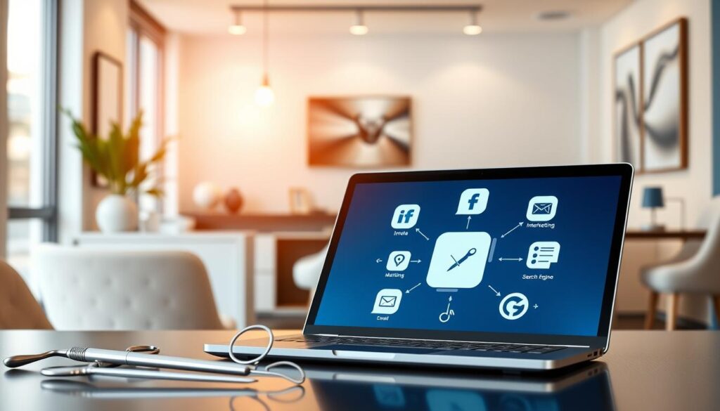 A modern, minimalist digital marketing strategy for a dental clinic, showcasing a sleek laptop or tablet displaying various marketing tactics. The foreground features elegant medical equipment and tools, subtly alluding to the dental industry. The middle ground highlights social media icons, email marketing campaigns, and search engine optimization elements. The background depicts a clean, contemporary office setting with tasteful decor and lighting, creating an atmosphere of professionalism and innovation. The overall composition conveys a balanced, visually appealing representation of effective digital marketing strategies for dental practices.