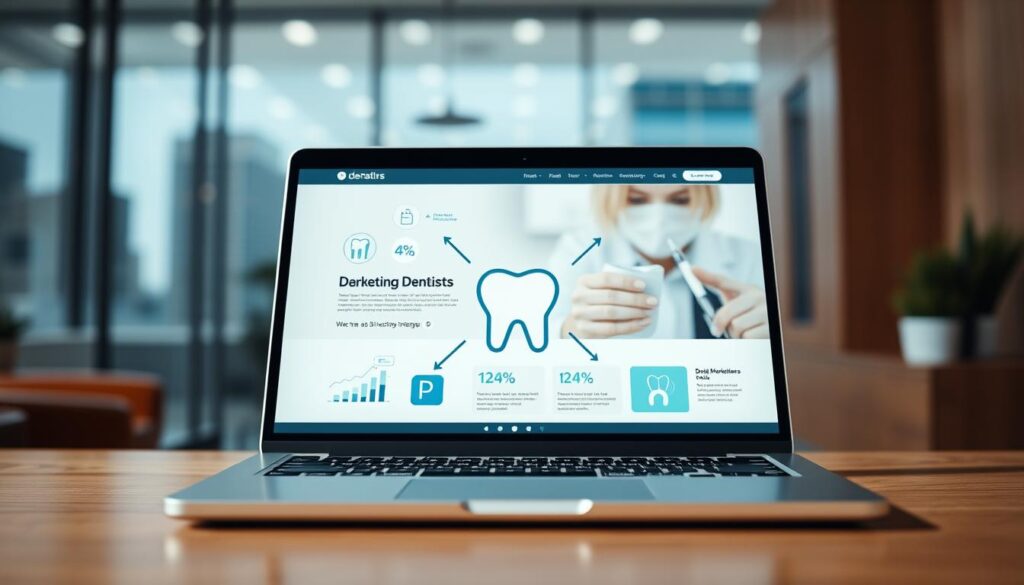 A modern, minimalist digital marketing strategy for dentists, showcased on a sleek, responsive laptop screen. In the foreground, a stylized dental icon or logo, surrounded by data visualizations, infographics, and social media icons, all in a cool, professional color palette. The middle ground features a well-designed website homepage, with intuitive navigation and compelling calls-to-action. In the background, a blurred cityscape or dental office setting, conveying a sense of urban, tech-savvy sophistication. The lighting is soft and directional, creating depth and emphasizing the digital elements. The overall atmosphere is one of efficiency, innovation, and the intersection of dentistry and cutting-edge marketing.