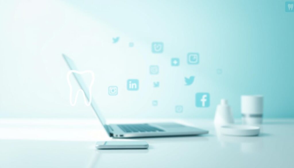 A modern, minimalist digital marketing strategy for dentists. In the foreground, a stylized dental icon or logo, vibrant and eye-catching. In the middle ground, various digital marketing elements such as a laptop, smartphone, and social media icons, all arranged in a clean, organized layout. The background features a soft, gradient-based color scheme in soothing dental hues of blue and green, conveying a sense of professionalism and trustworthiness. Bright, natural lighting casts a gentle glow, illuminating the scene and creating a calming, inviting atmosphere. The overall composition strikes a balance between the clinical and the digital, reflecting the intersection of traditional dentistry and innovative online marketing practices.