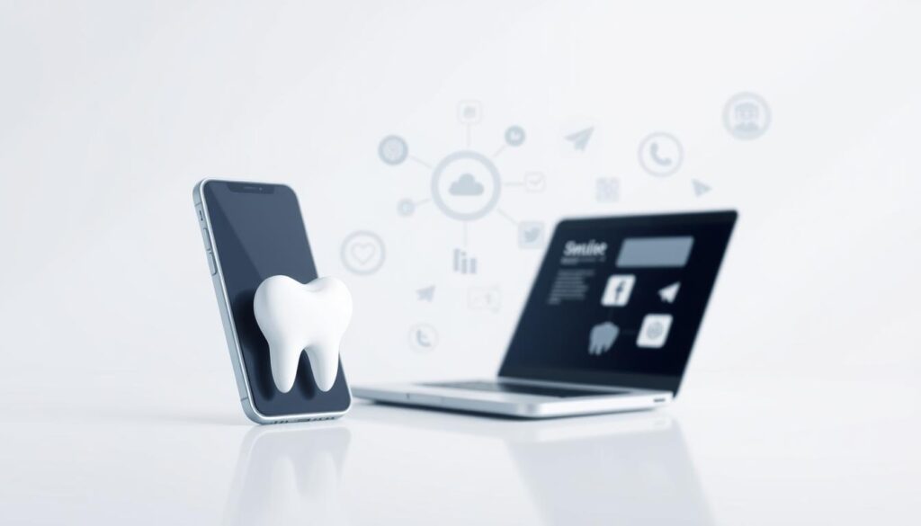 A modern, minimalist digital marketing strategy illustration for dentists. In the foreground, a stylized dental icon or logo, representing the dental practice. In the middle ground, various digital marketing channels like a smartphone, laptop, social media icons, and search engine optimization symbols, all arranged in a cohesive layout. In the background, a clean, light-filled space with subtle geometric patterns, conveying a sense of professionalism and innovation. The overall mood is sleek, elegant, and forward-thinking, reflecting the powerful digital marketing strategies that can elevate a dental practice's online presence and reach new patients effectively.