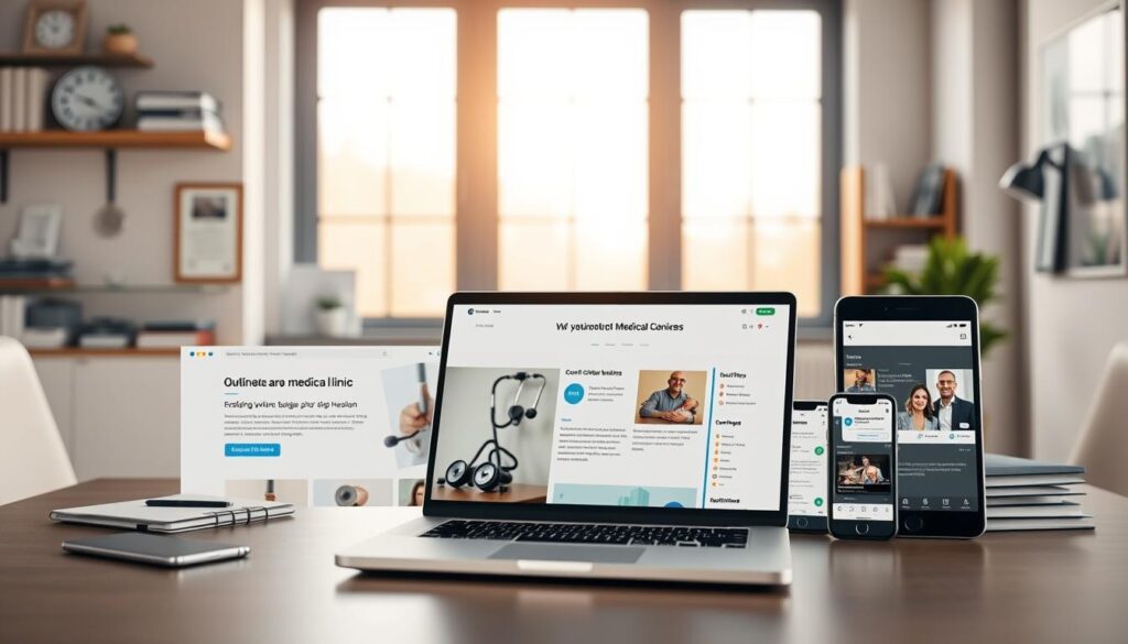 A modern, minimalist digital office scene featuring a professional-looking online presence for a medical clinic. In the foreground, a laptop displays a well-designed, authoritative website with a clean layout, high-quality imagery, and clear calls-to-action. In the middle ground, various devices like smartphones and tablets showcase the clinic's social media profiles, online reviews, and video content, all reinforcing its credibility. The background has subtle, soft-focused elements like medical equipment, certificates, and books, creating an atmosphere of expertise and trustworthiness. Warm, natural lighting from a large window casts a pleasant glow over the scene. The overall mood is one of a well-established, reputable online presence for a medical clinic.