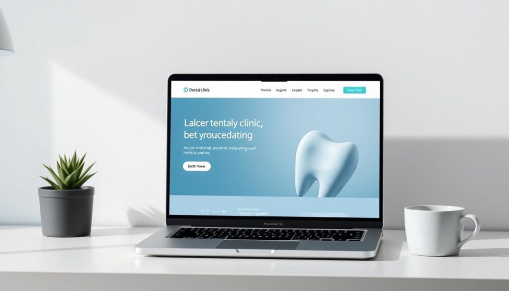 A modern, minimalist digital presence for a dental clinic, showcasing a sleek website on a laptop screen. The layout features clean lines, subtle branding, and intuitive navigation, creating a professional and trustworthy online experience. The laptop is placed on a minimalist desk, with a potted plant and a cup of coffee adding a touch of warmth. Soft, directional lighting illuminates the scene, highlighting the screen's vibrant colors and crisp details. The overall atmosphere exudes a sense of expertise, care, and attention to detail, reflecting the exceptional services offered by the dental clinic.