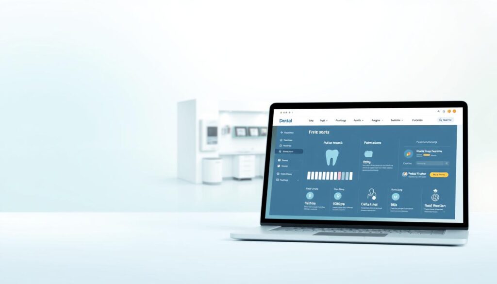 A modern, minimalist illustration depicting free dental management software. In the foreground, a clean, intuitive user interface showcases various features like patient records, scheduling, and billing. The middle ground features a 3D rendering of a dental clinic, with sleek, contemporary design elements. The background is a soft, blurred gradient, creating a sense of depth and focus on the software interface. The overall mood is professional, efficient, and accessible, conveying the idea that high-quality dental practice management can be achieved through free, user-friendly digital tools.