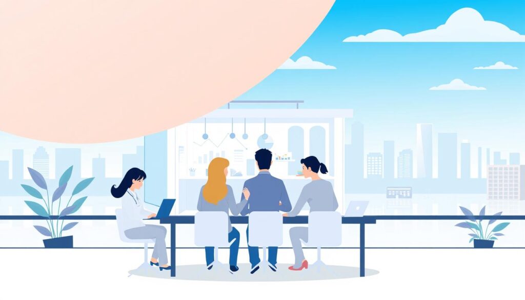 A modern, minimalist illustration depicting strategic planning for dental clinics. In the foreground, a team of healthcare professionals gathered around a table, engaged in a collaborative discussion, with laptops, charts and diagrams visible. The middle ground features a stylized representation of a dental clinic, with clean lines, soft lighting, and a sense of clinical efficiency. In the background, a cityscape with skyscrapers and a blue sky conveys a sense of an urban, professional setting. The overall mood is one of focused, purposeful strategizing towards the advancement of dental practice.