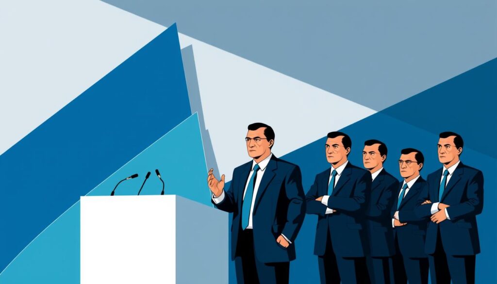 A modern, minimalist illustration depicting the regulations imposed by the Brazilian Dental Council (CFO) on dental marketing practices. In the foreground, a group of stern-faced CFO officials stand before a podium, gesturing authoritatively. Behind them, a backdrop of sleek, geometric shapes in shades of blue and grey, conveying a sense of order and control. The lighting is clean and directional, casting dramatic shadows that emphasize the gravity of the subject matter. The overall tone is one of professionalism, authority, and the need for compliance in the dental marketing industry.