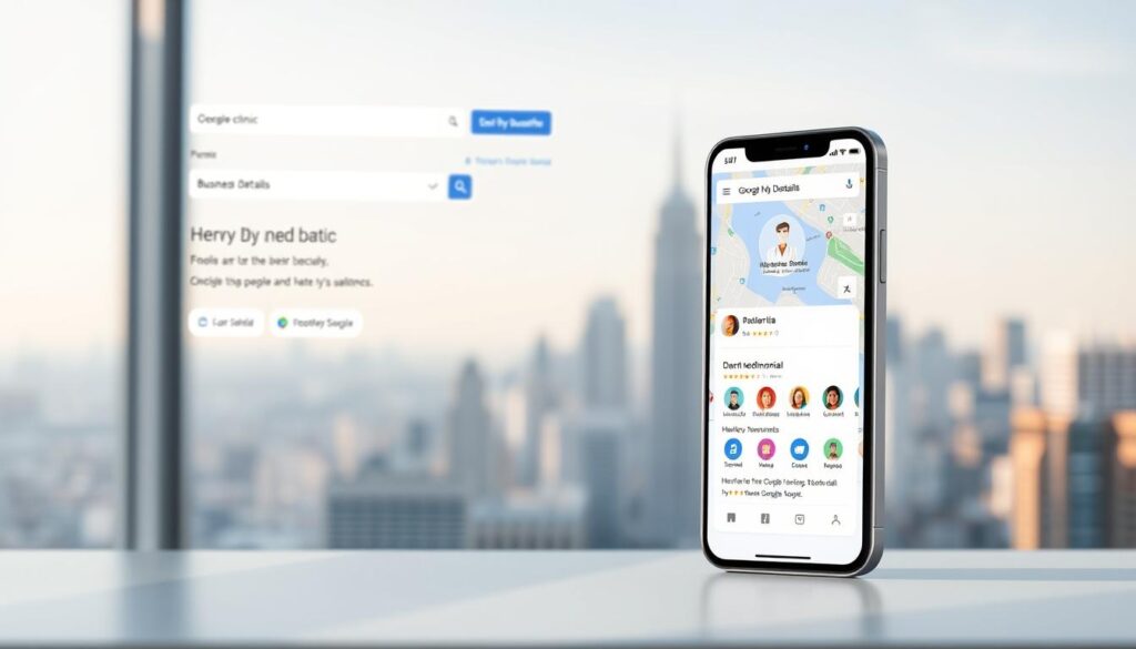 A modern, minimalist illustration of a digital Google My Business profile for a dental clinic. The foreground features a clean, responsive website interface with a prominent search bar, business details, and review section. The middle ground shows a smartphone displaying the clinic's Google profile, with a map and client testimonials. The background depicts a soft, blurred city skyline, conveying a sense of urban professionalism. The lighting is natural, with subtle highlights accentuating the digital elements. The overall atmosphere is one of trustworthiness, accessibility, and online visibility for the dental practice.