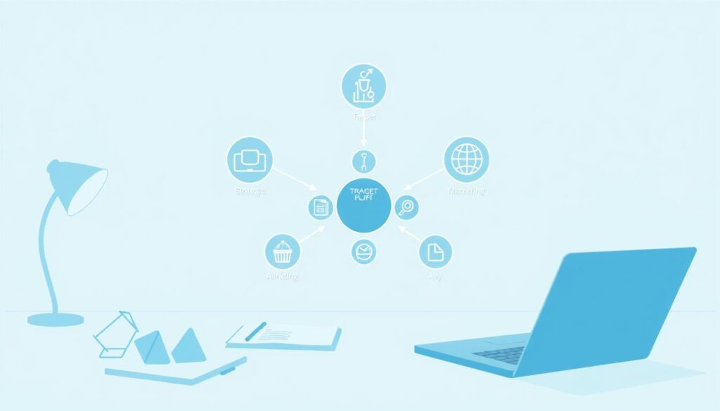 A modern, minimalist illustration of a strategic planning framework for dental clinics. In the foreground, a desktop with a laptop, notepad, and geometric shapes, symbolizing data analysis and decision-making. The middle ground features interconnected icons representing key elements of strategic planning, such as target audience, marketing channels, and key performance indicators. The background showcases a simple, clean workspace with subtle blue and white tones, creating a calming, professional atmosphere. The overall composition conveys a sense of organization, efficiency, and a data-driven approach to digital marketing for dental clinics.