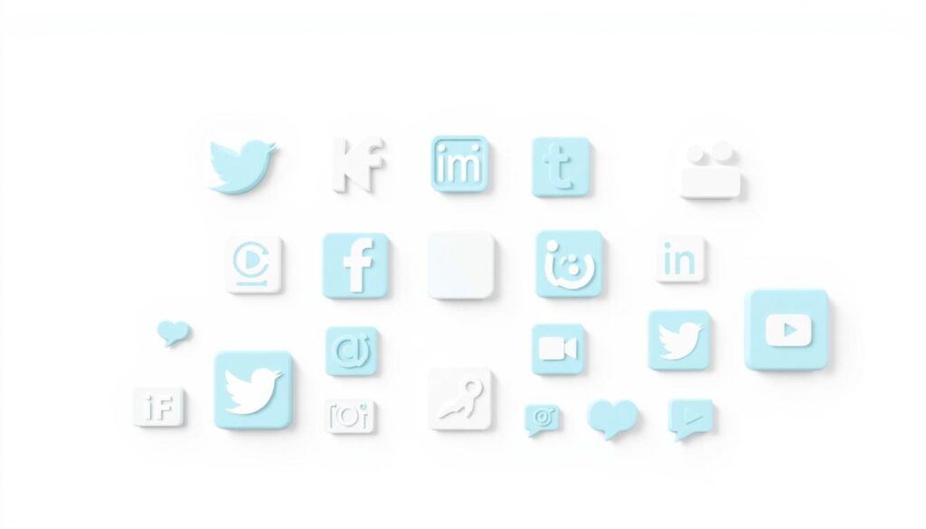 A modern, minimalist illustration of various social media icons arranged neatly on a clean, white background. The icons should be simplified geometric shapes in a cool, pastel color palette, conveying a professional, clinical aesthetic suitable for a dental practice's online marketing. The arrangement should have a balanced, symmetrical layout, with the icons evenly spaced and aligned. Soft, diffused lighting creates subtle shadows, adding depth and dimensionality to the scene. The overall mood is calm, polished, and visually appealing, perfectly complementing the subject of free dental marketing strategies in the online space.