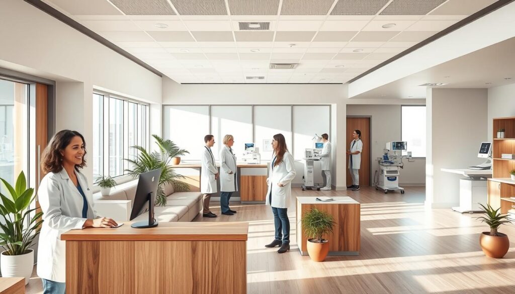 A modern, minimalist medical clinic interior with a warm, inviting atmosphere. In the foreground, a reception desk with a friendly receptionist welcoming patients. Behind the desk, a clean, well-organized waiting area with comfortable seating and potted plants. In the middle ground, a team of healthcare professionals, dressed in crisp white coats, collaborating around a computer screen, discussing patient records and treatment plans. In the background, exam rooms with state-of-the-art medical equipment, bathed in soft, natural lighting filtering through large windows. The overall scene conveys a sense of efficiency, professionalism, and patient-centric care.