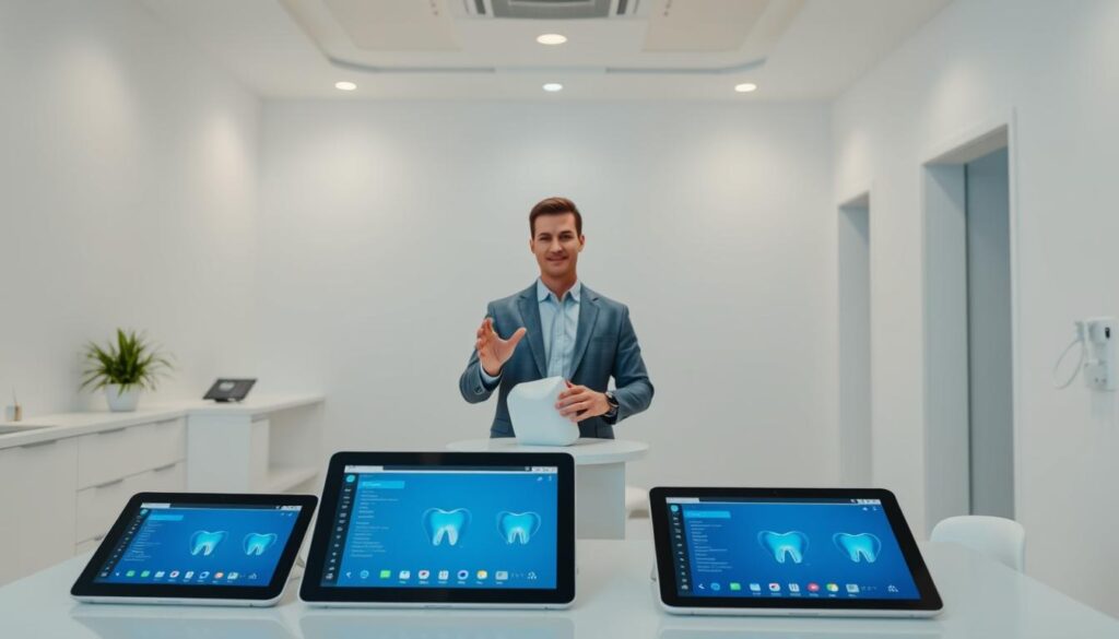 A modern, minimalist medical clinic setting with clean, white walls and sleek, minimalist furniture. In the foreground, various digital devices and tablets are displayed, showcasing different healthcare management software and integration capabilities. The middle ground features a well-dressed dental professional, gesturing towards the digital displays, highlighting the seamless integration of these systems. The background depicts a serene, calming atmosphere, with subtle lighting and a sense of professional efficiency. The overall scene conveys the idea of a technologically advanced, well-organized dental practice that leverages comprehensive integrations to streamline operations and enhance patient care.