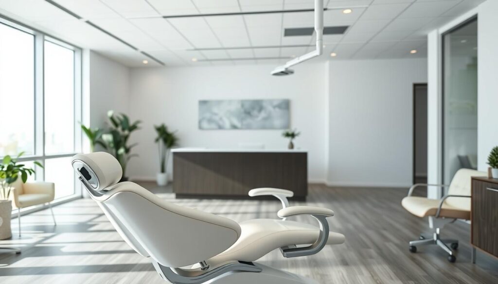A modern, minimalist office interior with a clean, bright aesthetic. In the foreground, a sleek white dental chair takes center stage, its ergonomic design and chrome accents reflecting the sophisticated nature of the practice. The middle ground features a reception desk with a stylish, uncluttered layout, complemented by neutral-toned furniture and subtle greenery. The background showcases large windows that flood the space with natural light, creating a calming and inviting atmosphere. The overall scene conveys a sense of professionalism, efficiency, and a commitment to patient comfort, aligning with the concept of "free digital marketing strategies for a dental practice."