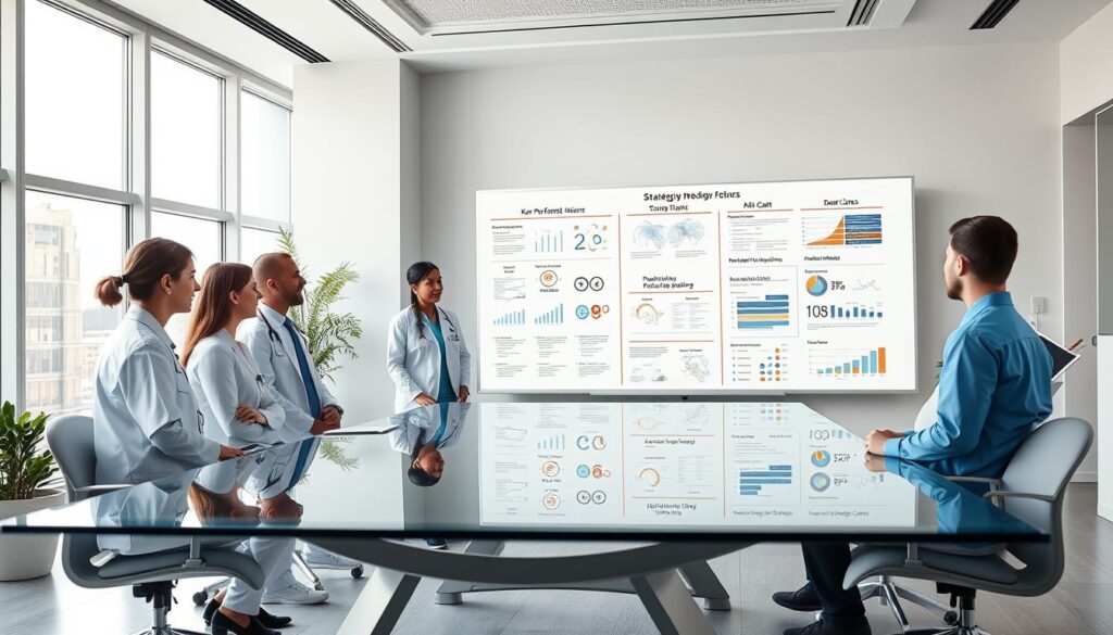 A modern, minimalist office interior with a large whiteboard displaying a strategic business plan for a medical clinic. The foreground features a team of medical professionals gathered around a sleek, glass conference table, engaged in a planning session. Soft, natural lighting filters in through floor-to-ceiling windows, creating a calming, professional atmosphere. The middle ground showcases various data visualizations and infographics on the whiteboard, outlining key performance indicators, marketing strategies, and financial projections. The background includes a few potted plants and modern, minimalist decor, emphasizing the clinical yet sophisticated ambiance of the space.