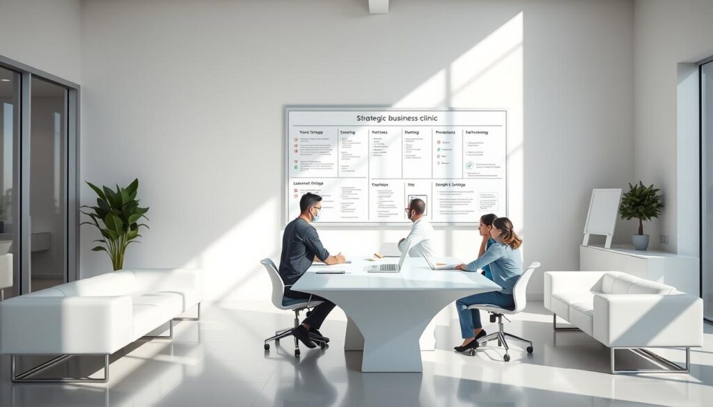 A modern, minimalist office interior with a large whiteboard on the wall showcasing a strategic business plan for a dental clinic. The space is flooded with natural light from floor-to-ceiling windows, casting soft shadows on the clean, geometric furniture. A team of doctors and staff members are gathered around a sleek conference table, deep in discussion. The mood is focused and collaborative, with a sense of forward momentum and purpose. The image captures the essence of strategic planning for an optimized, efficient dental practice.