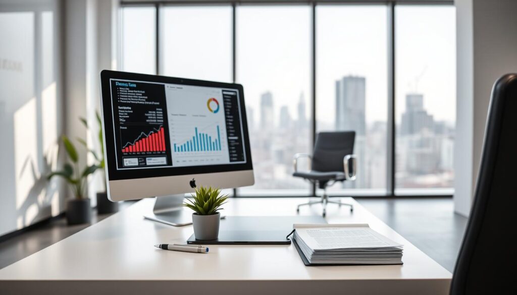 A modern, minimalist office interior with clean lines and a neutral color palette. In the foreground, a sleek desktop computer and monitor display financial data and charts related to dental practice management. Placed strategically on the desk are a professional-looking notebook, a pen, and a carefully organized stack of documents. The middle ground features a comfortable, ergonomic office chair and a small potted plant, conveying a sense of productivity and wellbeing. The background showcases large windows overlooking a cityscape, allowing natural light to flood the space and create a calming, sophisticated ambiance. Careful attention to detail, lighting, and composition highlights the efficiency and organization of a dental practice's financial control systems.