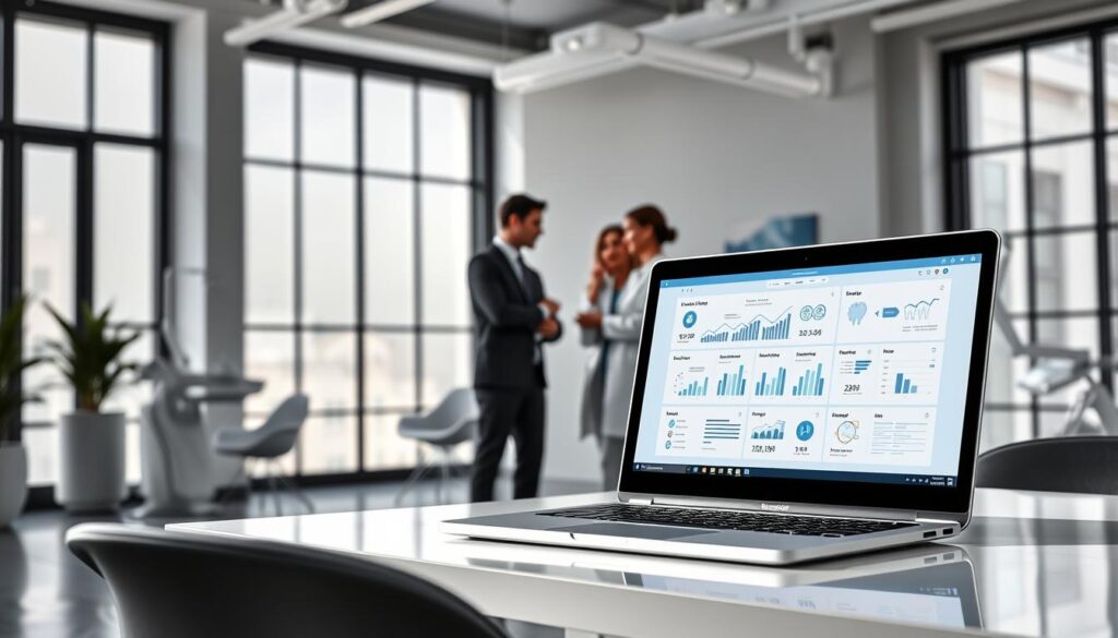 A modern, minimalist office interior with large windows, bright natural lighting, and clean, sleek furniture. In the foreground, a digital marketing presentation on a laptop screen, showcasing graphs, charts, and social media platforms. In the middle ground, a team of dental professionals collaborating, gesturing towards the screen. The background features dental tools, equipment, and branding elements that subtly convey the healthcare industry. The overall mood is professional, innovative, and forward-thinking, capturing the essence of effective digital marketing strategies for dental clinics.