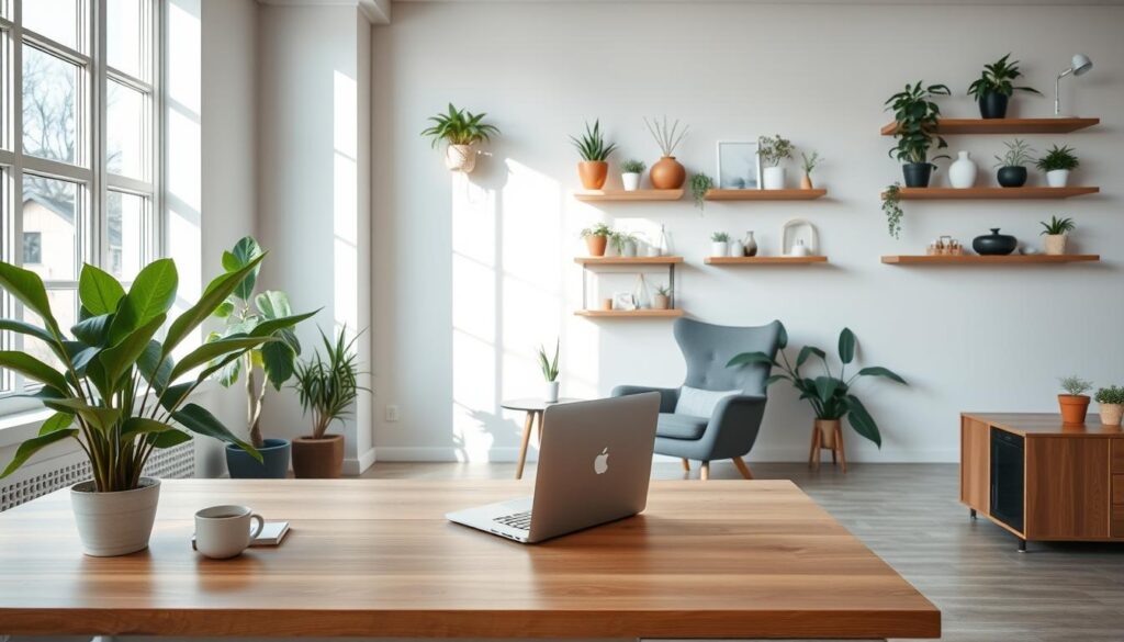 A modern, minimalist office interior with natural light streaming through large windows. In the foreground, a wooden desk with a potted plant, a laptop, and some office supplies. In the middle ground, a comfortable armchair and a small side table with a few books. The background features a neutral-toned wall with floating shelves displaying various plants and sustainable decor items. The overall atmosphere is calm, organized, and reflects a commitment to environmental consciousness and a sustainable business approach.