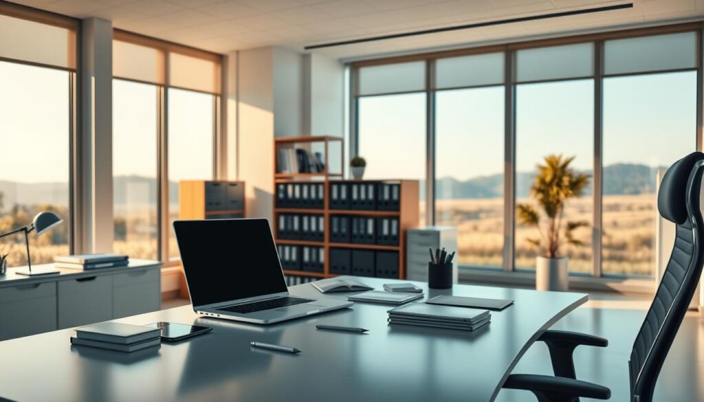 A modern, minimalist office setting with a focus on dental practice management software selection. In the foreground, a sleek, ergonomic desk with a laptop, tablet, and various office supplies. Indirect lighting creates a warm, professional atmosphere. In the middle ground, bookshelves and filing cabinets suggest organization and attention to detail. The background features large windows overlooking a serene, natural landscape, conveying a sense of tranquility and wellness. The overall composition should effectively communicate the process of selecting the ideal dental practice management software to streamline operations and enhance patient care.