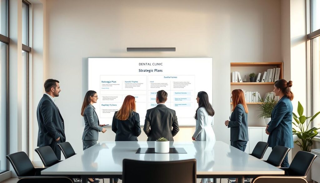 A modern, minimalist office setting with a large whiteboard displaying a strategic plan for a dental clinic. In the foreground, a team of professionals in business attire stand around a sleek conference table, engaged in discussion. Warm, natural lighting filters through floor-to-ceiling windows, casting a soft glow on the scene. The background features shelves filled with medical reference books and a small potted plant, adding a touch of organic elegance. The overall atmosphere exudes professionalism, collaboration, and a sense of organized progress towards the clinic's goals.