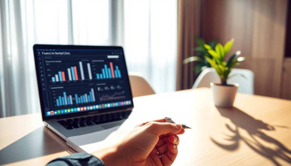 A modern, minimalist office setting with a sleek desk, a laptop, and financial analysis charts and graphs displayed on the screen. The lighting is warm and natural, with soft shadows and highlights accentuating the professional atmosphere. In the foreground, a hand holding a pen hovers over a notebook, ready to jot down insights from the data. The middle ground features a stylish chair and a potted plant, adding a touch of greenery to the workspace. The background is blurred, suggesting a larger, well-appointed dental clinic environment. The overall mood is one of careful consideration, with the focus on making an informed investment decision for the clinic.
