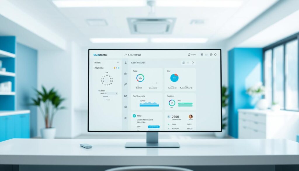 A modern, minimalist software interface for BlueDental, a free clinic management solution. In the foreground, a clean dashboard displays key features like patient scheduling, billing, and electronic health records. The midground showcases various workflow tools, while the background depicts a serene, professional medical office setting with subtle blue accents. Bright, natural lighting creates an airy, welcoming atmosphere. The overall composition conveys simplicity, efficiency, and a commitment to serving the needs of dental practitioners and their patients.