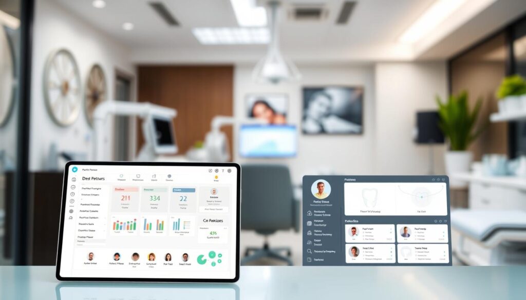 A modern, minimalist software interface for a dental practice management system. The foreground features a clean, user-friendly dashboard with intuitive icons and clear data visualizations. The middle ground showcases a patient records module with organized patient profiles and appointment scheduling. The background depicts a blurred, professional office setting with hints of medical equipment and stylish decor, creating a sense of a well-equipped, technologically-advanced dental practice. The overall scene conveys efficiency, organization, and a focus on optimizing dental practice workflows through innovative software solutions.