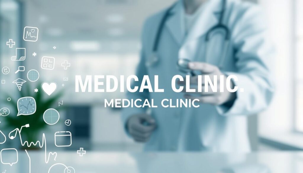 A modern, minimalistic medical clinic advertisement with a clean, professional design. In the foreground, a series of medical symbols and icons, such as stethoscopes, heartbeat graphs, and medical crosses, arranged in a visually appealing layout. In the middle ground, a simple yet striking headline highlighting the clinic's services, using a bold, sans-serif typeface. The background features a soft, out-of-focus medical-themed image, such as a close-up of a doctor's hands or a blurred medical facility interior, conveying a sense of authority and expertise. The overall color palette is muted and elegant, using shades of blue, gray, and white to create a calming, trustworthy atmosphere.